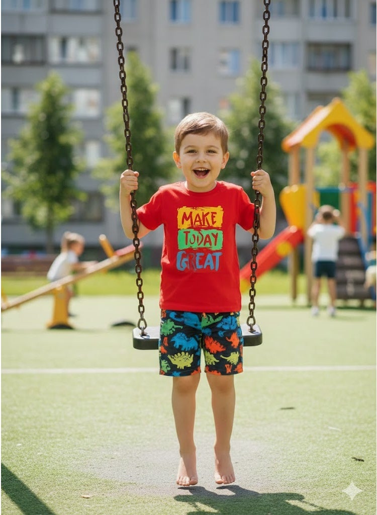 ديناصورز طقم صيفي أولادي قطعتين للأطفال، تيشيرت قطن نص كم بطباعة حروف وديناصور مع شورت، ملابس مريحة وناعمة للأطفال من عمر 1 إلى 4 سنوات، مناسب للاستخدام اليومي والخروجات - Image 3